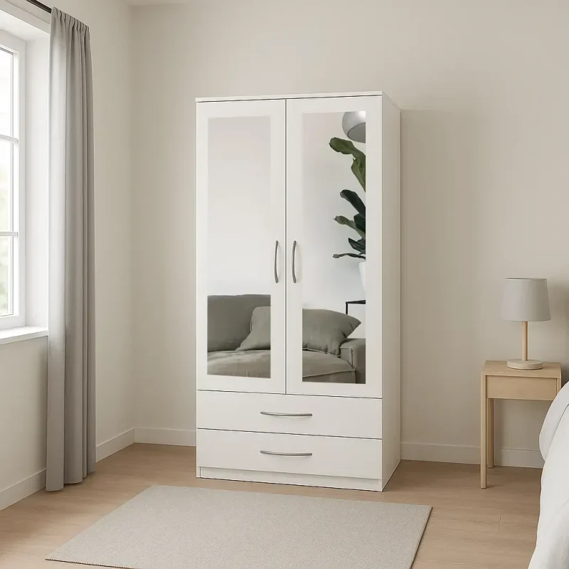 2 Door Wardrobe with 2 Mirrors and 2 Drawers - Wood Mall Furniture