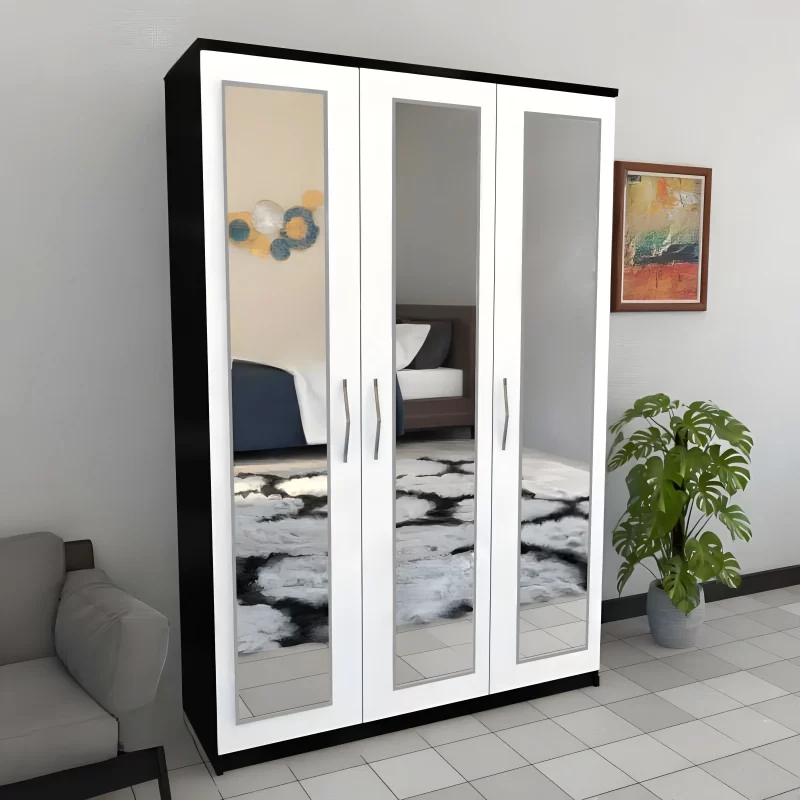 Trivia 3 Door Mirrored Wardrobe In Front White & Side Black Colour