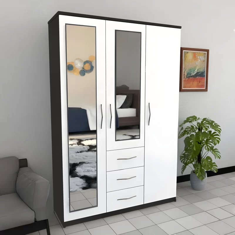 Trivia 3 Door Wardrobe with 2 Mirrors and 3 Drawers In Front White & Side Black Colour