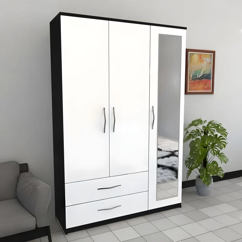 Trivia 3 Door Wardrobe with 1 Mirror and 2 Drawers In Front White & Side Black Colour