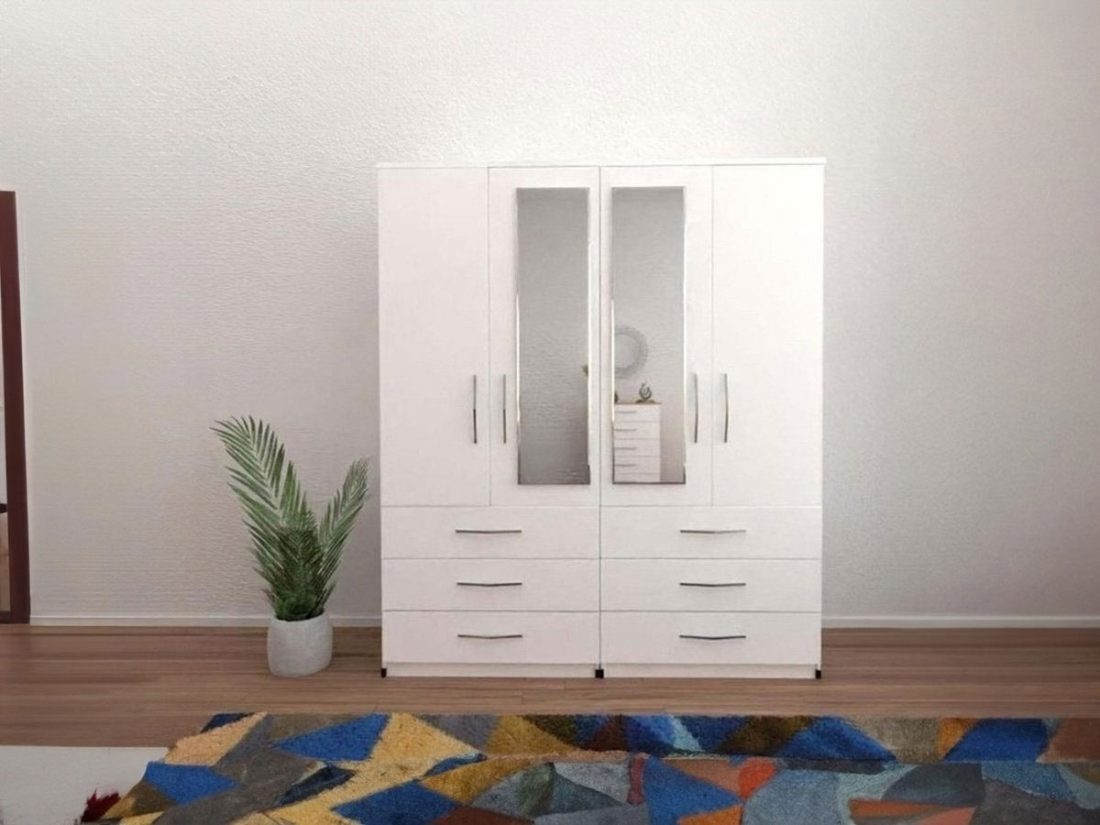 Omni 4 Door Wardrobe With 2 Mirrors and 6 Drawers - Wood Mall