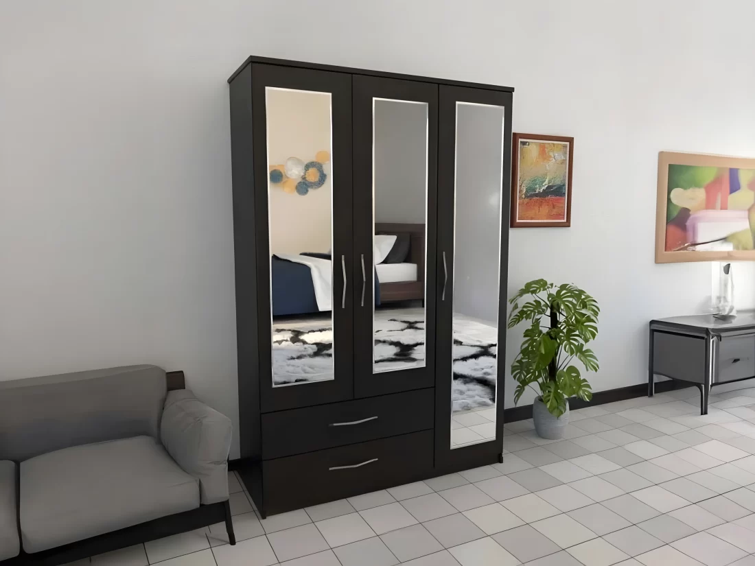 Trivia 3 Door Wardrobe with 2 Drawers & 3 Mirrors - Wood Mall