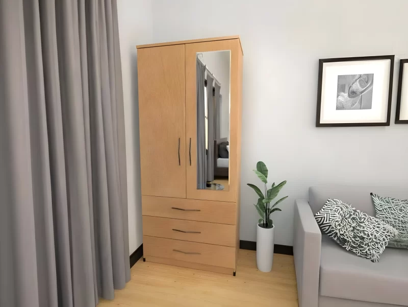 Zen 2 Door Wardrobe with 1 Mirror and 3 Drawer - Wood Mall