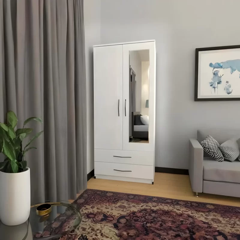 Zen 2 Door Wardrobe with 1 Mirror and 2 Drawer - Wood Mall Furniture