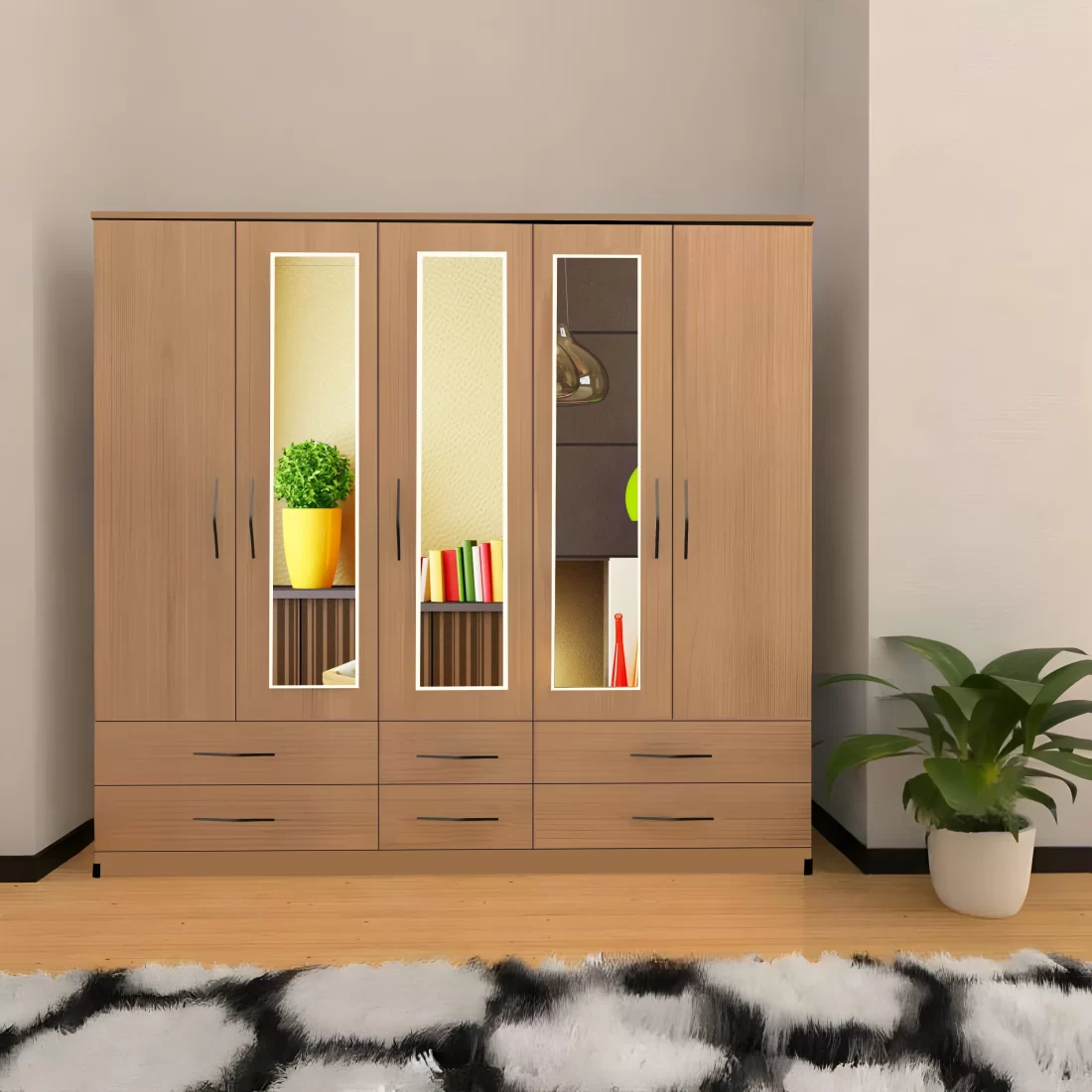 5 DOOR WARDROBE WITH 3 MIRRORS & 6 DRAWERS In Oak Colour