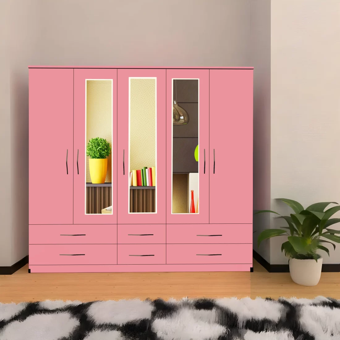 5 DOOR WARDROBE WITH 3 MIRRORS & 6 DRAWERS In PInk Colour
