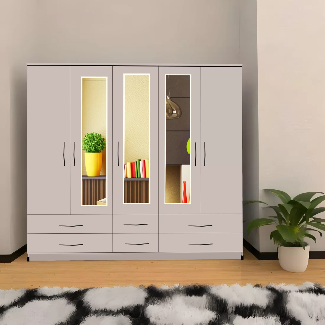 5 DOOR WARDROBE WITH 3 MIRRORS & 6 DRAWERS In Silver Colour