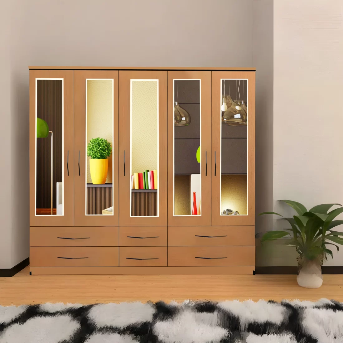 5 DOOR WARDROBE WITH 5 MIRRORS & 6 DRAWERS In Beech Colour