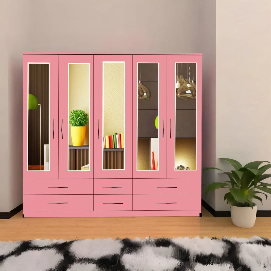5 DOOR WARDROBE WITH 5 MIRRORS & 6 DRAWERS In PInk Colour