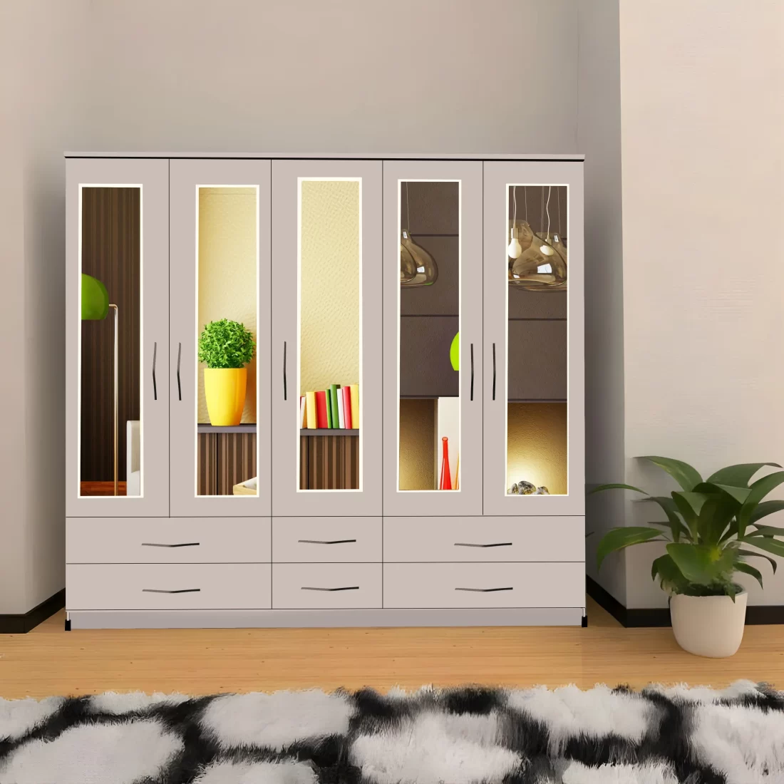 5 DOOR WARDROBE WITH 5 MIRRORS & 6 DRAWERS In Silver Colour
