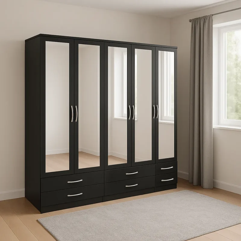Classic 5 Door Wardrobe with 5 Mirrors & 6 Drawers - Wood Mall Furniture