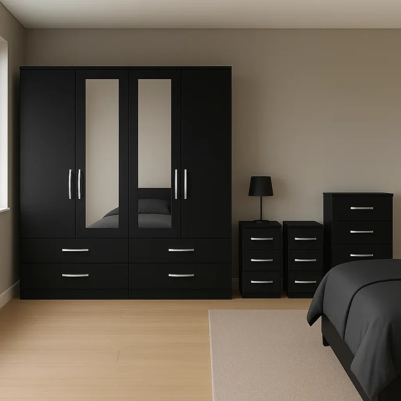 4 Door Mirror Wardrobe with 1 Chest and 2 Sidetables - Wood Mall Furniture