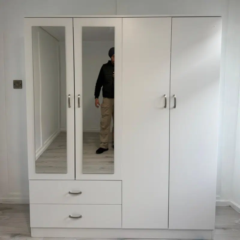 Elegant 4 Door Wardrobe with 2 Mirrors and 2 Drawers by Wood Mall Furniture