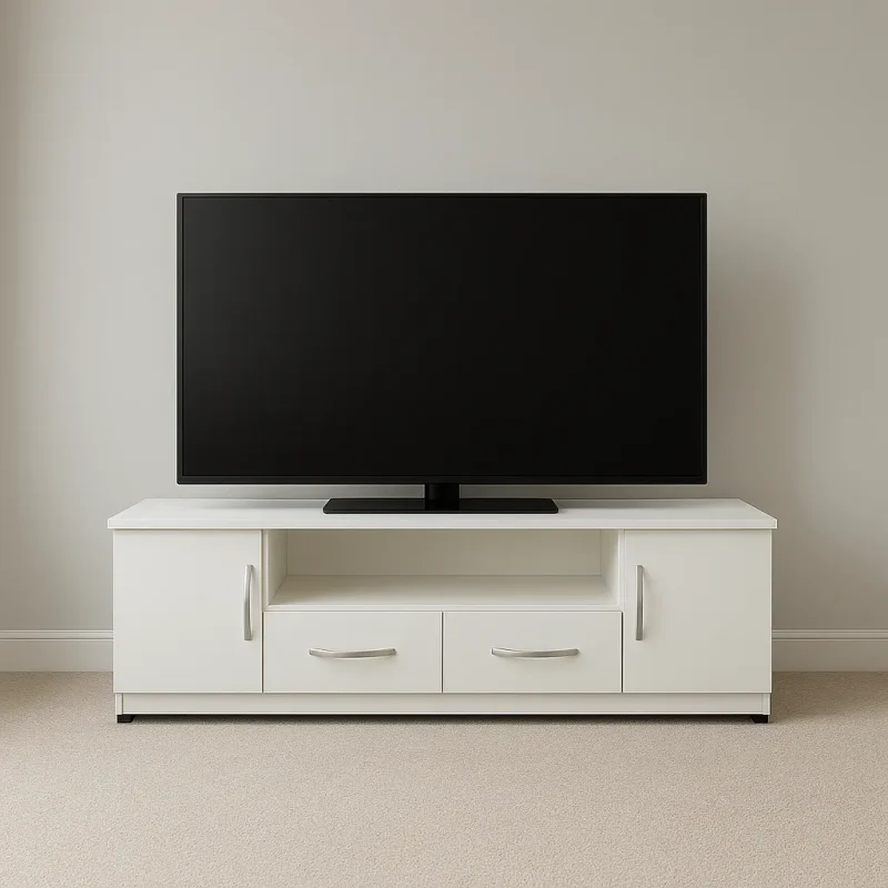 Modern White TV Stand with 2 Drawers and Dual Side Cabinets - Wood Mall Furniture